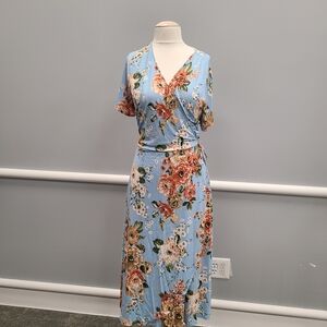 Kiyonna Harper Floral Midi Dress in Light Blue and Cream